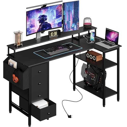 Yaheetech L Shaped Computer Desk with Drawers, 140x70cm Gaming Desk with Power Outlets, Reversible Storage Shelves for Home Office, Corner Desk with Raised Monitor Stand, Black