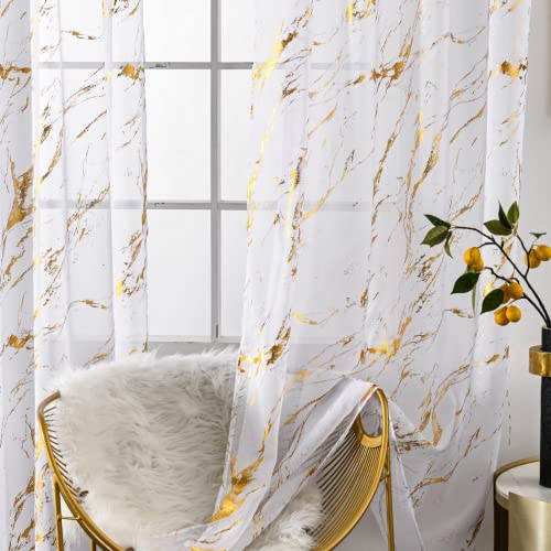 "Sutuo Home Marble White Sheer Curtains 84 Inch Length, Gold Foil Print Metallic Bronzing, Privacy Window Treatment Decor Abstract Drape Pair 2 Panels Set for Bedroom Kitchen Living Room 52"" W x 84"" L"