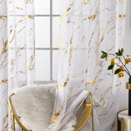 "Sutuo Home Marble White Sheer Curtains 84 Inch Length, Gold Foil Print Metallic Bronzing, Privacy Window Treatment Decor Abstract Drape Pair 2 Panels Set for Bedroom Kitchen Living Room 52"" W x 84"" L"