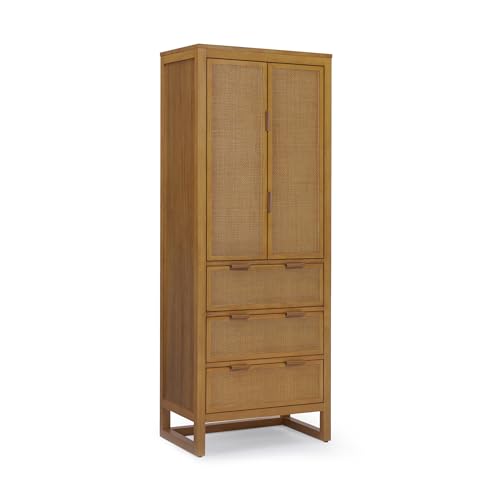 Teamson Home Hatteras Wooden Linen Cabinet with Drawers, Rattan Inset Doors and Adjustable Shelving for Bathroom Storage 165cm Tall, Natural