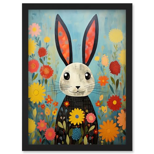 Artery8 Funny Bunny Illustration Modern Floral Rabbit Animal Artwork for Kids Bedroom or Baby Nursery Artwork Framed Wall Art Print A4