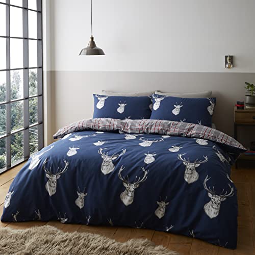 Catherine Lansfield Bedding Munro Stag Check Navy Duvet Cover 260x240+50x110(2)