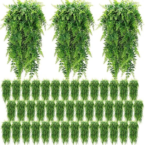 Geosar 88 Pcs Artificial Hanging Plants 32 Inch Hanging Boston Ferns Plastic Fake Plants for Wall Room Garden Wedding Garland Indoor Outdoor Decoration, No Basket