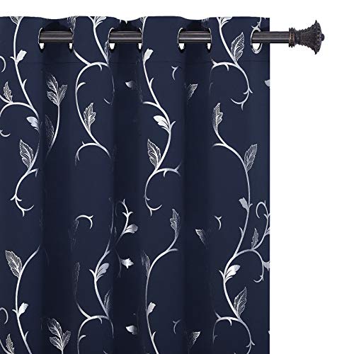 BUHUA Shinny Silver Wave Flower Print Blackout Curtains Grommet Thermal Insulated Navy Curtains for Classroom 52W??54L Navy Blue 2 Panels