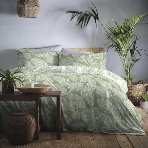 Fusion Matteo Green Leaf Duvet Cover Set – King Size 230x220cm – Reversible Botanical Design in White & Sage – Easy Care Bedding with 2 Pillowcases