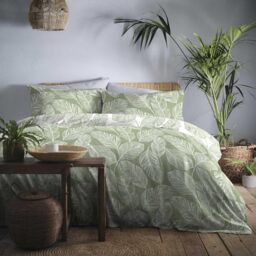 Fusion Matteo Green Leaf Duvet Cover Set – King Size 230x220cm – Reversible Botanical Design in White & Sage – Easy Care Bedding with 2 Pillowcases