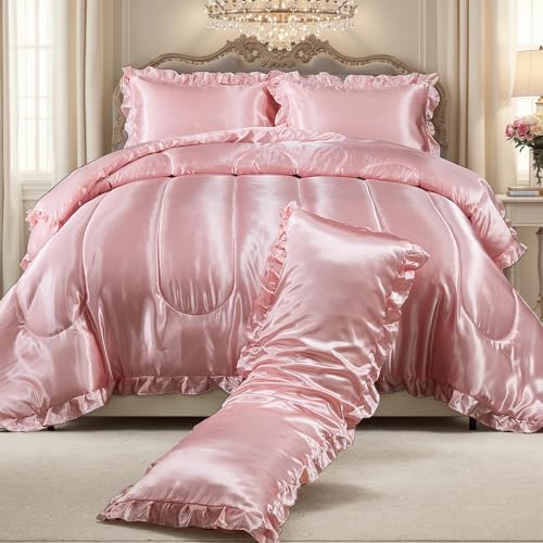 Satin Queen Comforter Set Silk Like Satin Bedding Set Hotel Soft Polyester Pink Bed Set Luxury Silky Pillow Cover with Quilt Set Ruffle Down Comforter Home Decor