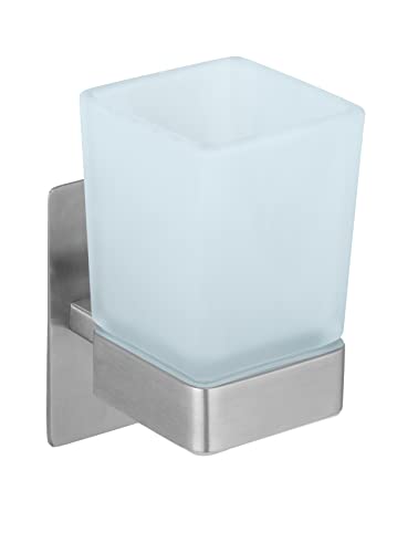WENKO Turbo-Loc Genova Matte Toothbrush Tumbler, Wall Holder with Cup for Toothbrushing Utensils for Attaching No Drilling Required, Stainless Steel Holder, Satin Glass Cup, 6.2 x 13.2 x 9 cm