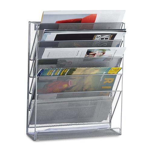 Relaxdays Wall Mount Magazine Rack, A4 Newspaper Stand, Metal Catalogue Holder Basket, HxWxD: 40 x 32 x 10 cm, Silver