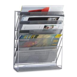 Relaxdays Wall Mount Magazine Rack, A4 Newspaper Stand, Metal Catalogue Holder Basket, HxWxD: 40 x 32 x 10 cm, Silver