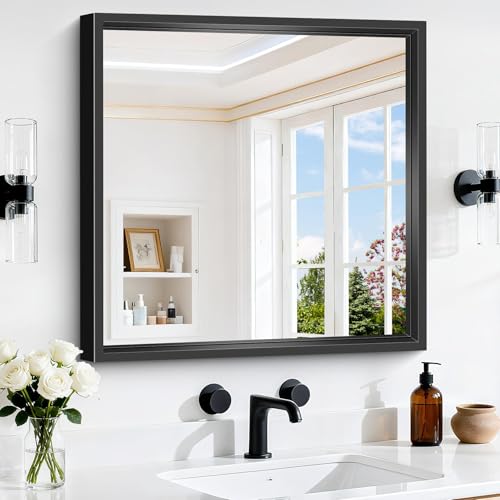 CIVENO 24 x 24 Inch Bathroom Mirror, Deep Thick Framed Black Square Mirror, Rectangular Wall Mirror, Vanity Mirror for Living Room Bedroom Entryway angs Horizontally or Vertically