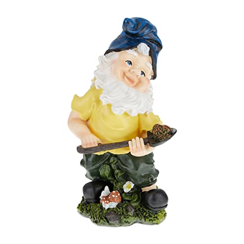 Relaxdays Garden Gnome with Shovel, Weatherproof, Frost Resistant, 32 x 17 x 15 cm, Figurine, Polyresin, Multicoloured