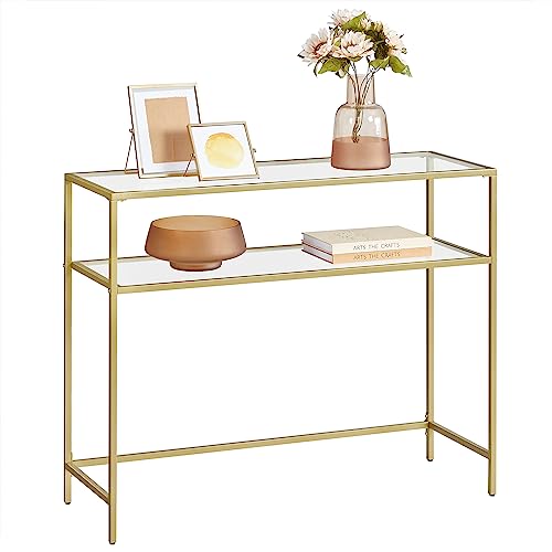 VASAGLE Console Table, Sofa End, Tempered Glass Table Top, Easy Assembly, Adjustable Legs, for Living Room, Entryway, Hallway, Gold and Transparent LGT025A01