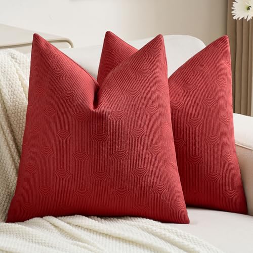 FUTEI Red Chenille Decorative Throw Pillow Covers 16x16 Inch Set of 2,Soft Cozy Striped Geometric Patterns Cushion Cases,Modern Home Decor for Couch Bed Living Room