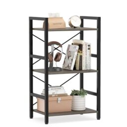 SFAREST 3-Tier Bookshelf, Modern Bookcase Shelving Unit with X-Shaped Bar, Metal Frame Floor Standing Book Rack for Home Office Living Room Bedroom (Grey Oak)