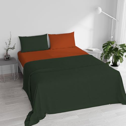 Double Bed Sheet Set, 100% Natural Cotton, Made in Italy – Complete Bed Set, Fitted Sheet, Top Sheet 240 x 300 cm and Pillowcases with Inner Flap, Olive Green/Terra