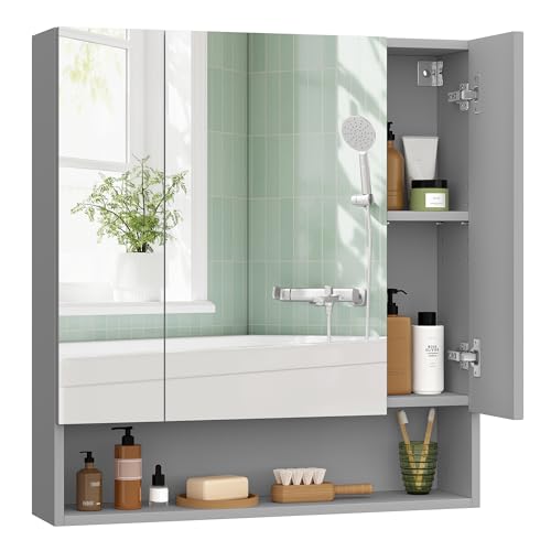 VASAGLE KAILYN Collection - Bathroom Mirror Cabinet, Bathroom Wall Mirror Cabinet, Open Compartment, Adjustable Shelves, 16.5 x 70 x 75 cm, Dove Grey BBK129G01