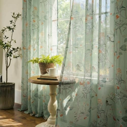 XTMYI Leaf Green Sheer Curtains 96 Inches Long for Living Room Sliding Glass Door 2 Panels Set,Lightweight Grommet Moody Whimsical Unique Curtains for Bedroom,8 FT Length,Sage Green and White