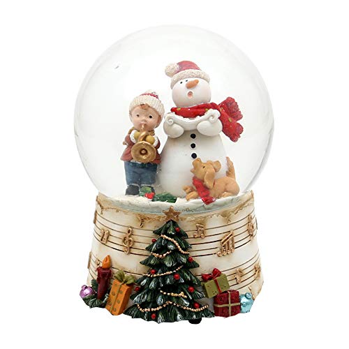 Dekohelden24 Snow globe - snowman with child and trumpet - on base with music notes and musical mechanism, melody: Oh du Fröhlichlich dimensions (H x W x D): 14.5 x 10.5 cm, diameter 10 cm.