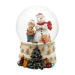 Dekohelden24 Snow globe - snowman with child and trumpet - on base with music notes and musical mechanism, melody: Oh du Fröhlichlich dimensions (H x W x D): 14.5 x 10.5 cm, diameter 10 cm.