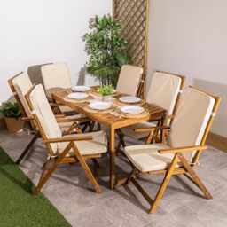 Bean Bag Bazaar Outdoor High Back Seat Pad, Stone Beige, Set of 6, Garden Chair Seat Cushion with Fibre Fill Included, Water Resistant, Cushions with ties for Chair, Garden, Patio Furniture