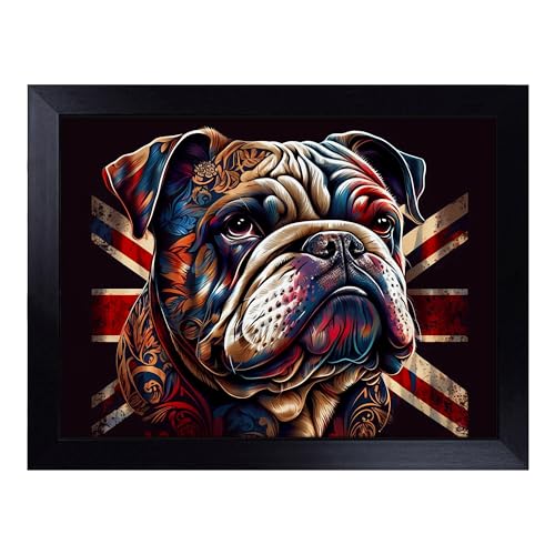 Lap Tray with Bean Bag Cushion, British Bulldog Ornamental Art - Handmade in the UK, Raised Wooden Edge, Padded Cushion, Heat-Resistant Wipe-Clean Surface, for Meals, Laptops and Crafts