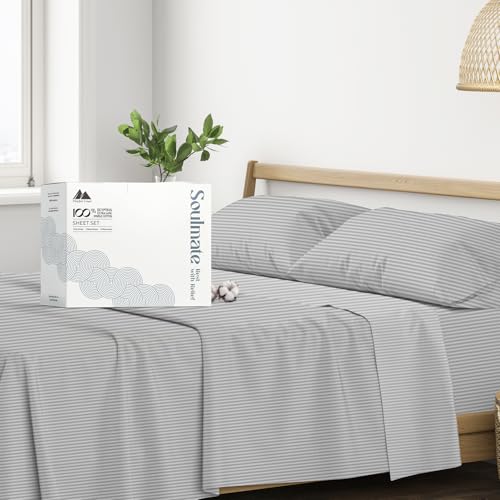 "Mayfair Linen 500 Thread Count 100% Egyptian Cotton Striped Silver Long Staple Cotton King Size Fits Mattresses Up To 16"" Deep Pocket Soft Silky Satin Flat Sheet Set"