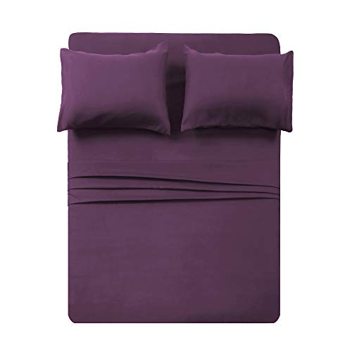 4 Piece Bed Sheet Set (Queen,Purple) 1 Flat Sheet,1 Fitted Sheet and 2 Pillow Cases,Brushed Microfiber Luxury Bedding with Deep Pockets