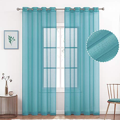 July Joy Semi Linen Look Sheer Curtains for Bedroom, Living Room Grommet Light Filtering Solid Voile Window Curtains, Set of 2 Panels (52 x 96 inch, Teal)