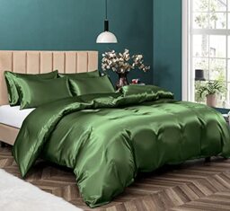 Pothuiny 5-Piece Satin Duvet Cover Set, Luxury Silky Sage Green Duvet & Pillow Cases with Zipper Closure, Full/Queen Size