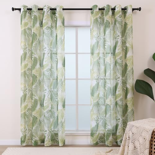 L.Z.E Green Sheer Curtains 84 Inches Long 2 Panels Set for Living Room Bedroom Sheer Grommet Curtains & Drapes with Leaf Patterns Modern (LZE2216GR84)