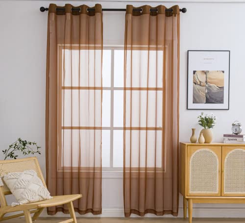 PI Sheer Curtains Panels Ring Top Airy Voile Window Draperies for Dining Room 2 Panels (W52 X L95, Caramel Brown)