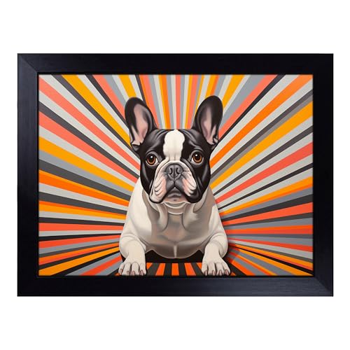 Lap Tray with Bean Bag Cushion, French Bulldog Op Art - Handmade in the UK, Raised Wooden Edge, Padded Cushion, Heat-Resistant Wipe-Clean Surface, for Meals, Laptops and Crafts