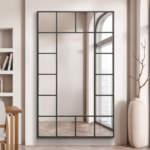 "MirrorOutlet The Fenestra - Black Modern Modern Leaner and Wall Mirror 71"" X 43"" (180CM X 110CM) Silver Mirror Glass with Black Metal Frame. Landscape or Portrait."