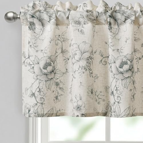 JIUZHEN Thick Textured Linen Floral Valance for Kitchen/Living Room/Bedroom???Rod Pocket French Farmhouse Light-Filtering Valance Curtain???Grey Peony Fragmented Flowers???42 x 18 Inches,1 Panel
