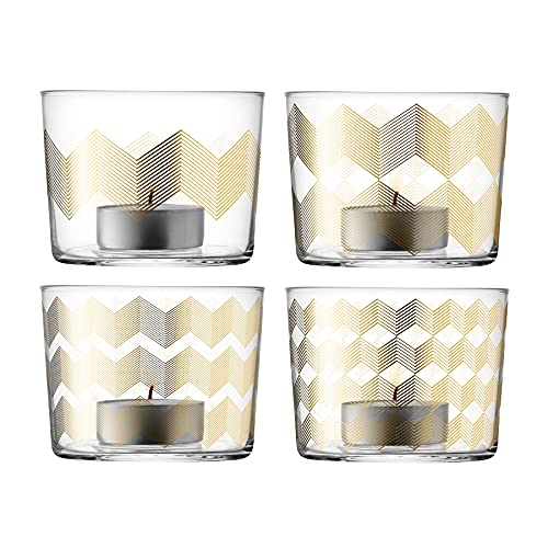 LSA International Chevron Tealight Holder H6cm Gold Assorted - Set of 4 - Mouthblown & Handmade Glass - CH15