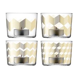 LSA International Chevron Tealight Holder H6cm Gold Assorted - Set of 4 - Mouthblown & Handmade Glass - CH15