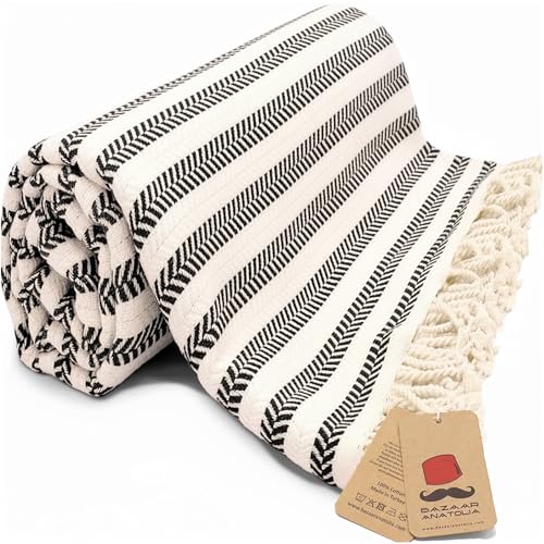 Bazaar Anatolia Turkish Beach Towel 100% Cotton Bath Towels Oversized 77x38 Large Boho Farmhouse Bathroom Sheets Decor Gym Pool Quick Dry Striped Arpa (Black)