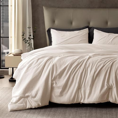 SLEEP ZONE Queen Comforter Set, Duvet Insert with Natural Wrinkle Texture, Cotton-Linen Feel, Lightweight and Breathable Fluffy Bedding Sets with 1 Comforter and 2 Pillow Shams (Beige)