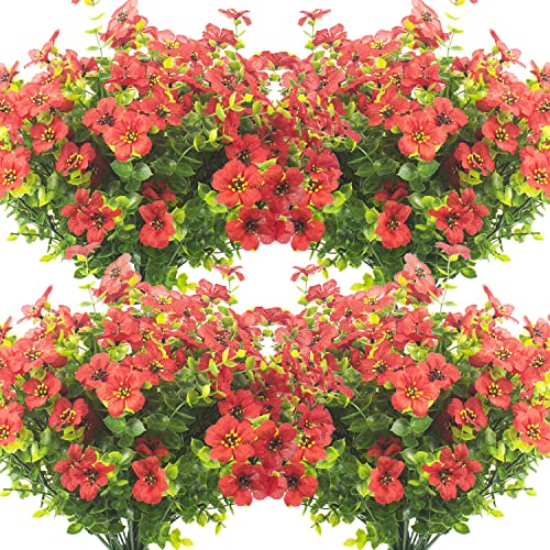 Grunyia 10 Bundles Artificial Flowers Outdoor UV Resistant Fake Flowers No Fade Faux Plants Garden Porch Window Box Decorating (Red)