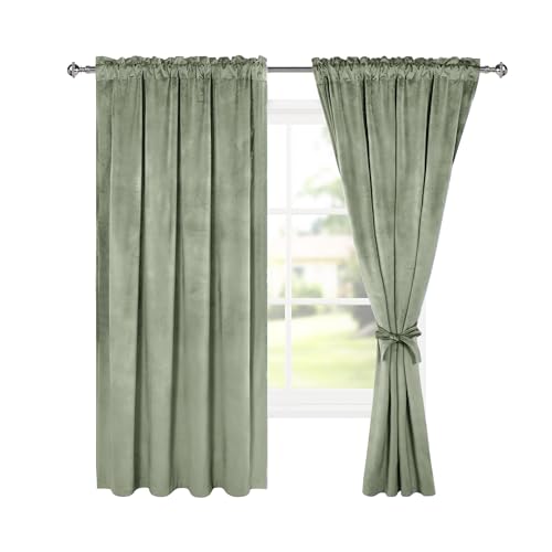 Hiasan Velvet Curtains 72 inch Blackout Rod Pocket Thermal Insulated Soft Curtains Room Darkening Window Drapes with Tiebacks for Bedroom Living Room, Set of 2 Panels, 52W x 72L, Sage Green