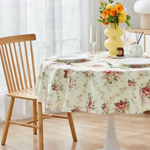 Pink Floral Tablecloth Shabby Chic Flower Round Table Cloth Spring Vintage Floral Table Cover Waterproof for Dinner Kitchen Picnic, Pink, 60 Inch