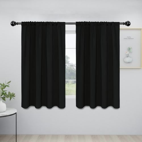Easy-Going Rod Pocket Blackout Curtains for Bedroom, Room Darkening Window Curtains for Living Room, Thermal Insulated Noise Reduction Solid Window Drapes, 2 Panels(42x54 in, Black)