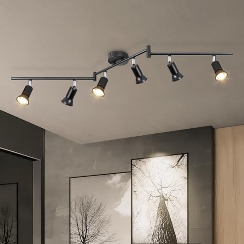 Dehobo Ceiling Spotlight Rotatable - Matte Black 6 Way GU10 LED Ceiling Light 350° Swivelling Adjustable Modern for Kitchen Living Room Bedroom, No Bulbs