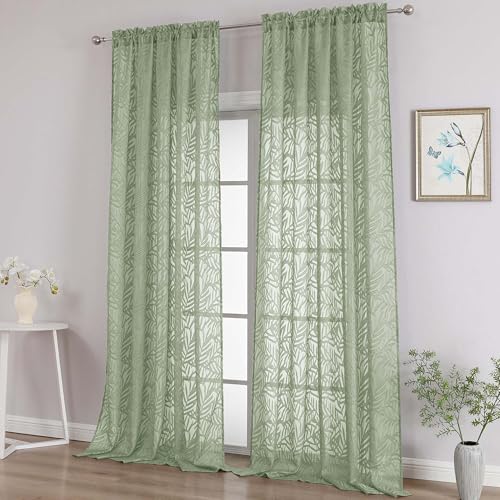 OVZME Extra Wide Sage Green Sheer Curtains 108 Inches Long 2 Panels Set, Leaf Jacquard Lightweight Textured Semi Sheer Curtains for Sliding Door, Dual Rod Pocket Elegant Drapes, 2x52Wx108L Inches