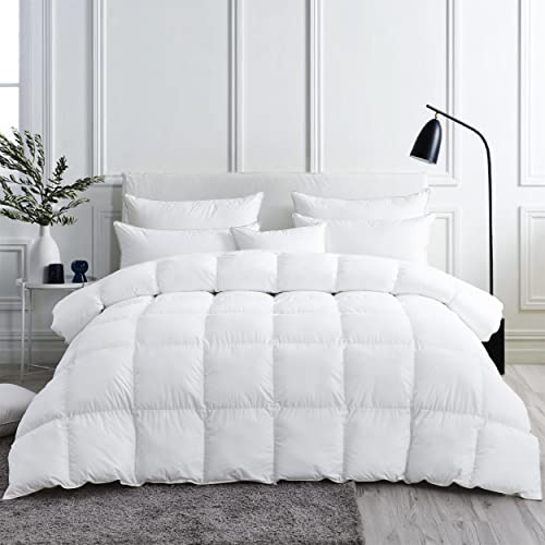 Luxurious White Solid Medium Weight, Twin Size Goose Feathers Down Comforter for All-Season Weather Duvet Insert, Premium Baffle Box, 100% Egyptian Cotton Cover, 55 oz. Fill Weight