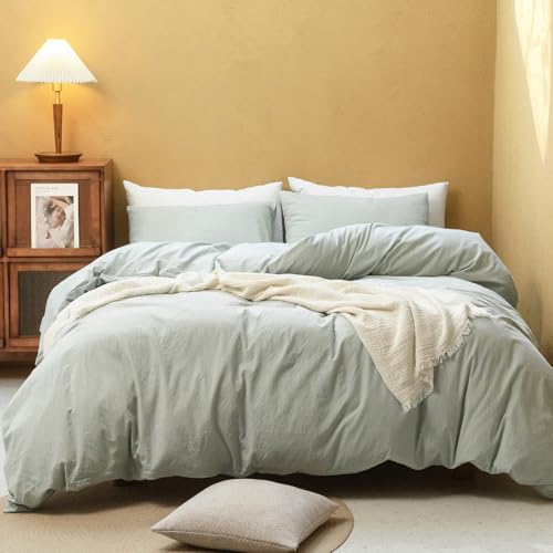 FOSSA Duvet Cover Set 100% Washed Cotton Linen Feel Twin - Super Soft Breathable Lightweight & All Season Bedding Set with Hidden Zipper & 8 Corner Ties (Sage Gree)