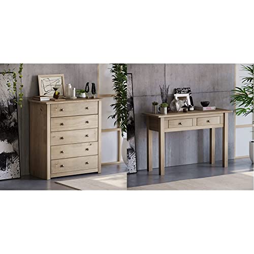 Vida Designs Panama 5 Drawer Chest Solid Pine Wood Waxed Oak Finish & Panama Console Table 2 Drawer, Natural Oak