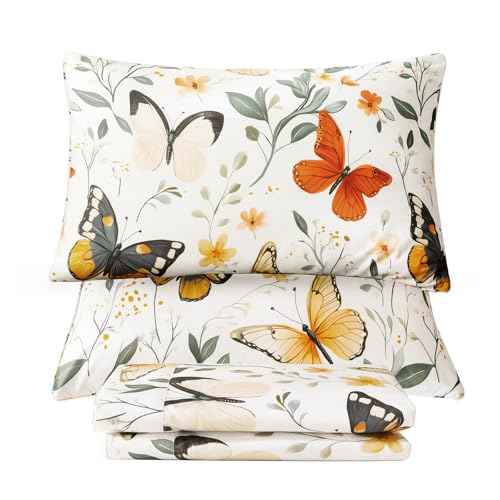 "QSH Green Floral Egyptian Cotton Sheets King Size,Rosemary Flowers Butterfly Botanical Pattern Printed Bed Sheet King Aesthetic Extra Soft and Breathable 17.5"" Deep Pockets King Bedding Sheets 4PCs"