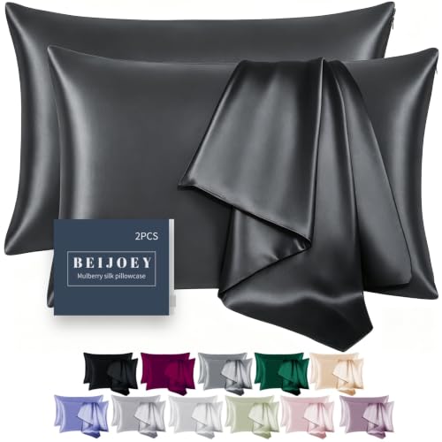 BEIJOEY 100% Mulberry Silk Pillowcase 2 Pack for Hair and Skin,with Hidden Zipper,Both Sides 19 Momme 600 Thread Count Natural Silk Pillow Cover,Soft Breathable Smooth (Black, Queen 20''x30'')